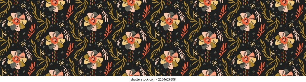 Dark boho flowers seamless border pattern in trendy ditsy wildflower style. Hand drawn organic botanical fashion edging trim. Modern summer garden bloom in vintage cottage core ribbon style