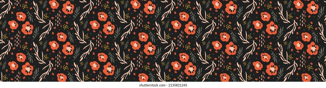 Dark boho flowers seamless border pattern in trendy ditsy wildflower style. Hand drawn organic botanical fashion edging trim. Modern summer garden bloom in vintage cottage core ribbon style
