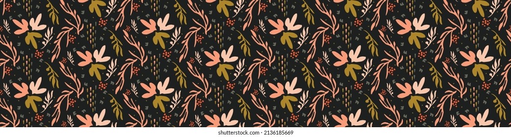 Flores de boho oscuro sin fisuras de borde en un estilo de flor silvestre moderno y elegante. Guarnecido del borde de la moda orgánica dibujado a mano. Flor de jardín de verano moderna en el estilo de la cinta del núcleo de la casa de campo vintage