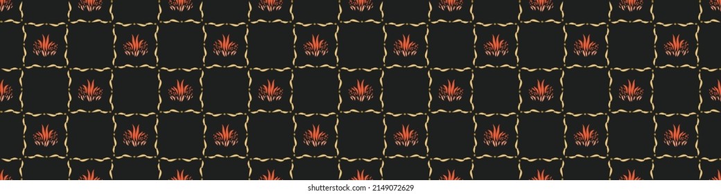 Dark boho flowers seamless border in trendy ditsy wildflower style. Hand drawn organic botanical fashion print. Modern summer garden bloom in vintage cottage core trend color. 