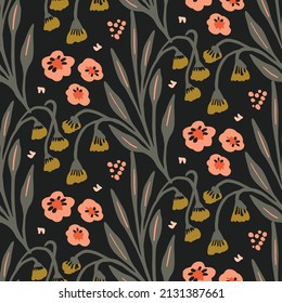 Dark Boho Flowers Seamless Pattern In Trendy Ditsy Wildflower Style. Hand Drawn Organic Botanical Fashion Print. Modern Summer Garden Bloom In Vintage Cottage Core Trend Color
