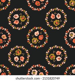 Dark Boho Flowers Seamless Pattern In Trendy Ditsy Wildflower Style. Hand Drawn Organic Botanical Fashion Print. Modern Summer Garden Bloom In Vintage Cottage Core Trend Color