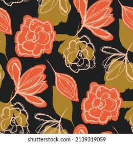 Dark Boho Flowers Seamless Pattern In Trendy Ditsy Wildflower Style. Hand Drawn Organic Botanical Fashion Print. Modern Summer Garden Bloom In Vintage Cottage Core Trend Color. 