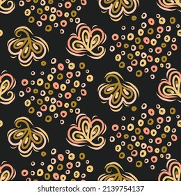 Dark Boho Flowers Seamless Pattern In Trendy Ditsy Wildflower Style. Hand Drawn Organic Botanical Fashion Print. Modern Summer Garden Bloom In Vintage Cottage Core Trend Color. 