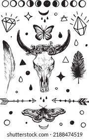 Dark boho set. Skull of a cow, butterflies, sketchy moon phases, arrows, crystals and feathers. Vector illustration.