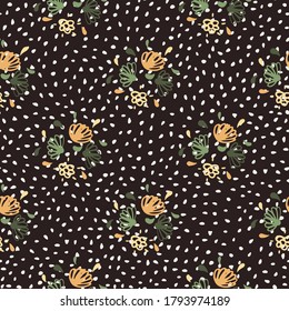 Dark botanic seamless pattern with outline flower silhouettes. Brown dotted background with orange and green flower elements. For wallpaper, textile, wrapping paper, fabric print. Vector illustration