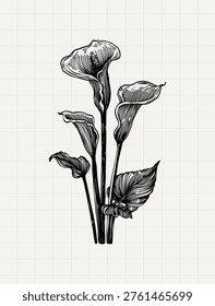 Dark Botanical Calla Lily Vintage Engraving Illustration