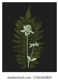 Dark botanical fern leaf and clover flower print for mystic forest branding, organic cosmetics packaging, interior wall art, and moody wedding stationery. Vector illustration
