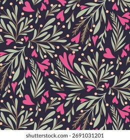 Corazones botánicos oscuros y patrón de follaje con acentos rosados para el elegante diseño de textiles y Fondos de pantalla de San Valentín