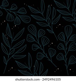 A dark botanical pattern with delicate teal leaf outlines, perfect for nature-themed designs and stylish backgrounds. Ideal for wallpapers, textiles, and graphic design projects. EPS 10