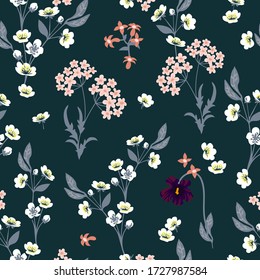 Dark botanical pattern. Seamless print with wildflowers and blooming cherry. Vintage collection. Template for textile design, cards, wallpapers, gift wrappings.