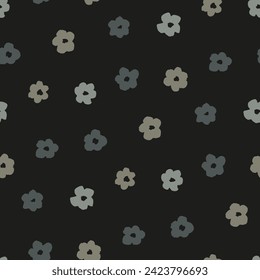 Dark botanical repeat texture. Floral abstract background. Seamless pattern with simple flowers. Monochrome gray print for fabric outerwear, jacket, raincoat, overall, apparel, dress, bags, umbrellas.