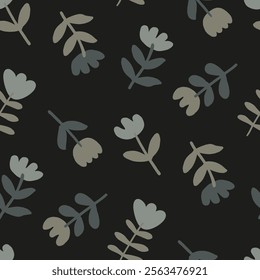 Dark botanical repeat texture. Floral abstract background. Seamless pattern with simple flowers. Monochrome gray print for fabric outerwear, jacket, raincoat, overall, apparel, dress, bags, umbrellas.