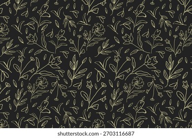 Dark botanical seamless floral pattern with elegant hand-drawn leaves and organic flower creating a rich decorative background perfect for textiles, packaging, wallpaper and modern design.