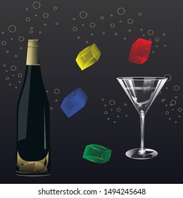 Dark bottle with decor, transparent wine glass, colored ice - black background - vector. New Year 2020. Merry Christmas