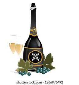 Dark bottle with ice cubes and empty crystal glasses