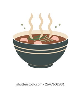 A dark bowl with beige stripes contains hot soup with visible pieces of pink vegetables and green garnish, emitting steam.