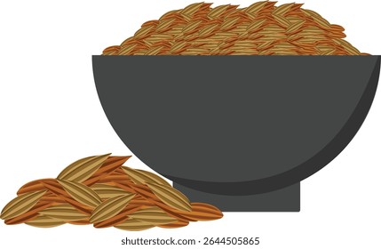 A dark bowl is filled with grains, with a small pile of grains positioned beside it.