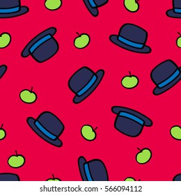 Dark bowler hats and green apples isolated on red background. Funny hand drawn seamless pattern dedicated to Rene Magritte. Clipping mask used.