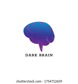 Plantilla de diseño del logotipo de Dark Brain aislada en fondo blanco. Cerebro con ilustración vectorial de los vasos sanguíneos. Color de gradación azul magenta violeta morado. 
