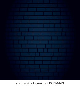 Dark brick wall background with subtle spotlight effect and deep blue gradient for modern design and texture. Minimal brick wall design element for a banner, wallpapper, background