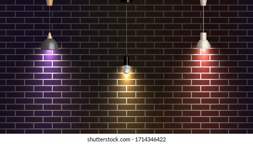 Dunkle Ziegelwand, beleuchtet durch Lampen, Vektorillustration.