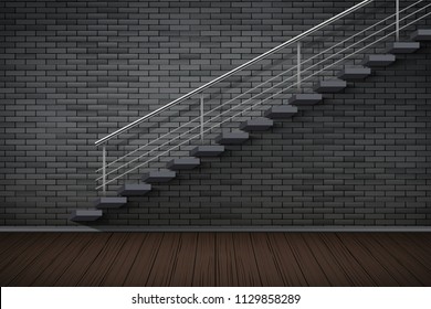 Dark brick wall and staircase. Prison or loft interior. Vintage jail and prison cell. Concept design for quest rooms and escape games. Vector Illustration.