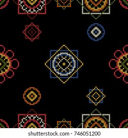 Dark bright background cross stitch for gift design vector illustration. Seamless pattern.