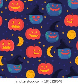 Dark and bright halloween seamless pattern with orange smiling pumpkins on starry background. Evil planet Earth in black hat. Moon and dark sky. Print for Halloween.