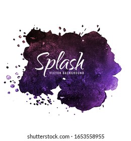 Dark bright violet splash design, purple watercolor vector stain with place for your text.