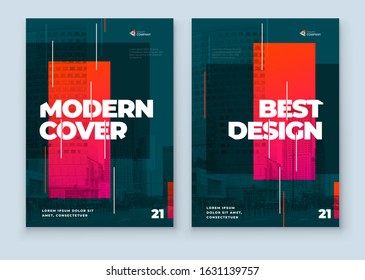 Dark Brochure Design. A4 Cover Template for Brochure, Report, Catalog, Magazine. Layout with Bright Color Shapes and Abstract Photo on Background. Modern Brochure concept