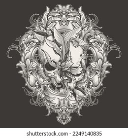dark broken skull with heraldry frame and ornament