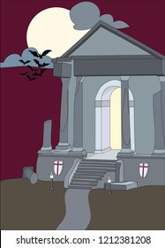 Dark broken templar crypt with cross,  moon and bats.