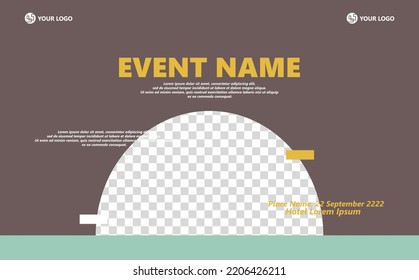 Dark brown abstract background for event with round image space and blue accent on the bottom. Suitable for meeting, conference, and exhibition.