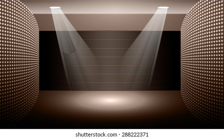 Dark brown Abstract light lamps background for Technology computer graphic website internet and business.. Screen on stage. Vector illustration.Spot Effect. neon. point, platform, Spotlights