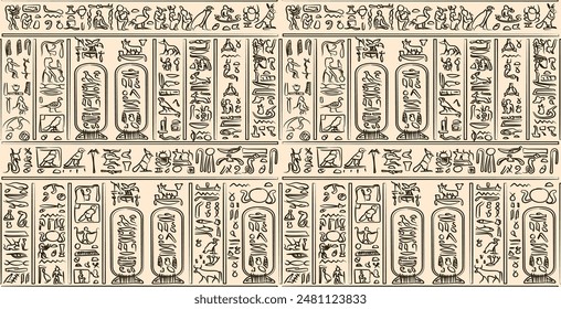 Dark brown ancient egyptian hieroglyphs alphabet pattern over yellow pastel background. Ancient egyptian and ancient culture concept