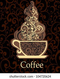 Dark brown background with Cup of coffee and place for your text. vector illustration