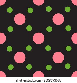 Dark brown background with pink and green circles.  Abstract retro seamless pattern. Vector illustration