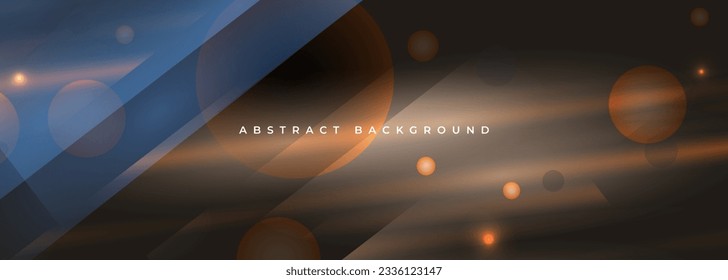 Dark brown and blue wide abstract background with transparent geometric circles and lines. Vector illustration