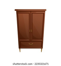 Dark brown cabinet in classic style cartoon vector illustration. Wooden wardrobe, old fashioned furniture, vintage stuff isolated on white background. Interior concept