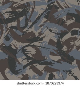 Dark brown camouflage seamless pattern. Grunge stroke military dry brush camo texture. Desert masking color. Stock vector illustration.