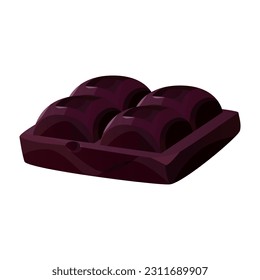 Dark, brown chocolate bar piece with bites. Yummy milk chocolate block with tile pattern, bitten off. Cocoa snack, choco candy. Milk sweet dessert, cooking ingredient. Vector for confectionery shop.