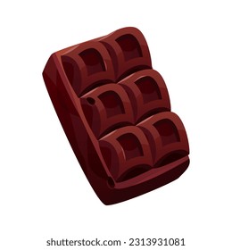 Dark, brown chocolate bar piece with bites. Yummy milk chocolate block with tile pattern, bitten off. Cocoa snack, choco candy. Milk sweet dessert, cooking ingredient. Vector for confectionery shop.