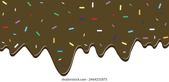 Dark brown chocolate drizzle and colorful icing topping. white background with below copy space