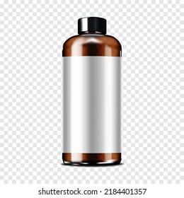 Dark brown clear glass or plastic large cylindrical bottle with black screw cap and white blank label on transparent background. Realistic vector mockup. Template for design