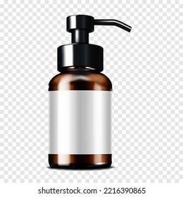 Dark brown clear glass or plastic cosmetic bottle with pump dispenser black cap and white blank label on transparent background realistic vector mockup. Template for design