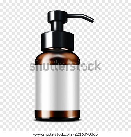 Dark brown clear glass or plastic cosmetic bottle with pump dispenser black cap and white blank label on transparent background realistic vector mockup. Template for design