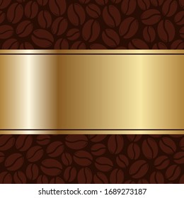 Dark кoasted brown coffee beans golden blank frame. Graphic menu template vector illustration.