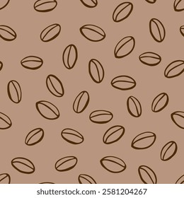 Dark brown coffee beans on a background of coffee with milk. Prints on cafe accessories, seamless pattern for napkins, fabrics, gift accessories.