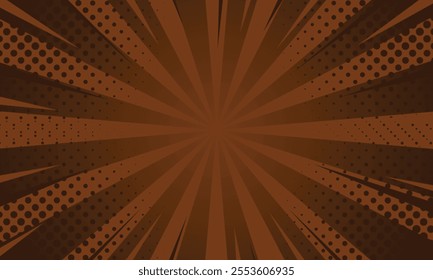 Dark brown comic sunburst effect background with halftone. Pop art comic-style vector background. Suitable for templates, sale banners, events, ads, web and pages